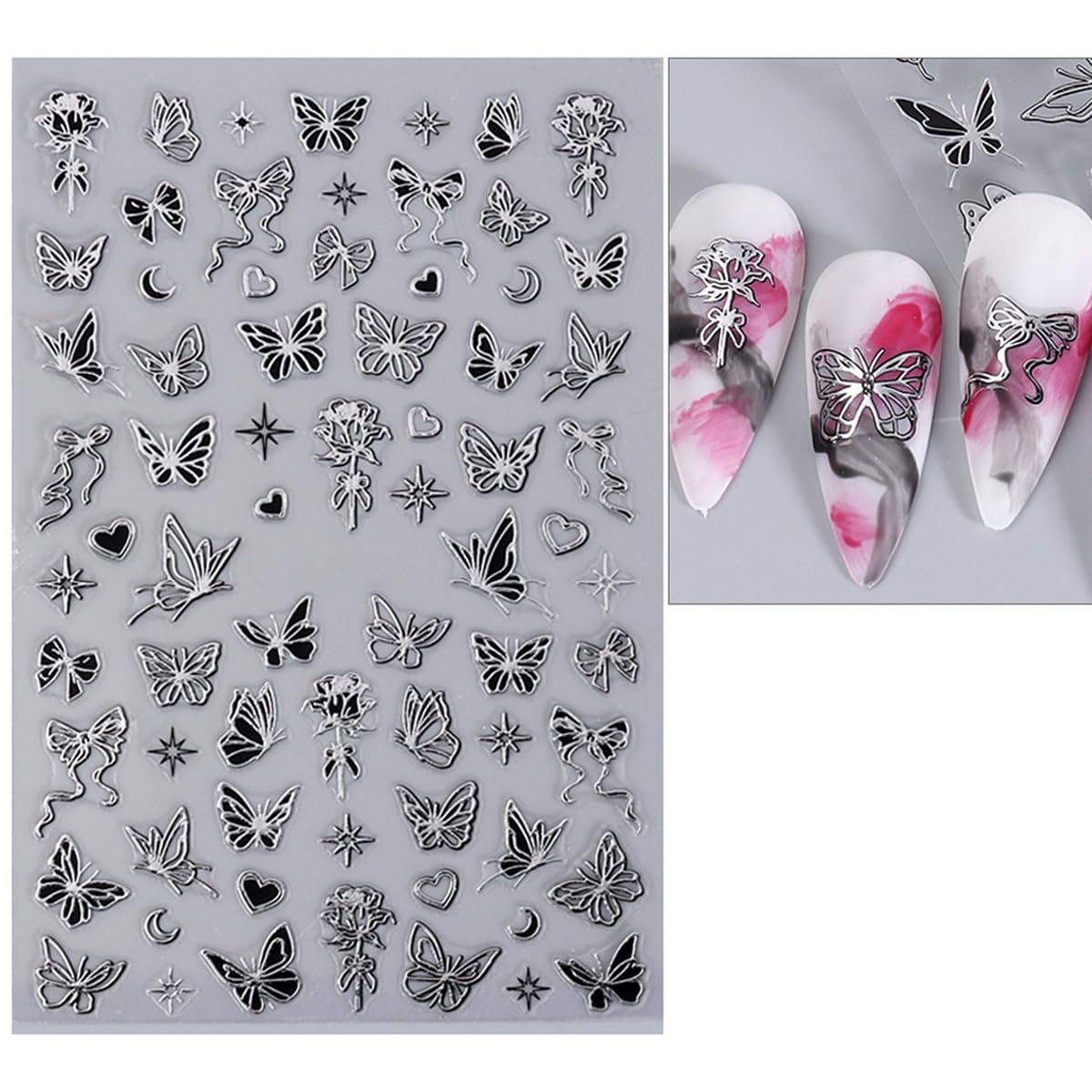 S.A.V.I 4 Sheets - 3D Self-Adhesive Nail Art Stickers Set, Gold & Silver Butterfly Moon Star Bow Designs, Metallic Decals for Acrylic Gel & Natural Nails, 9×6 cm