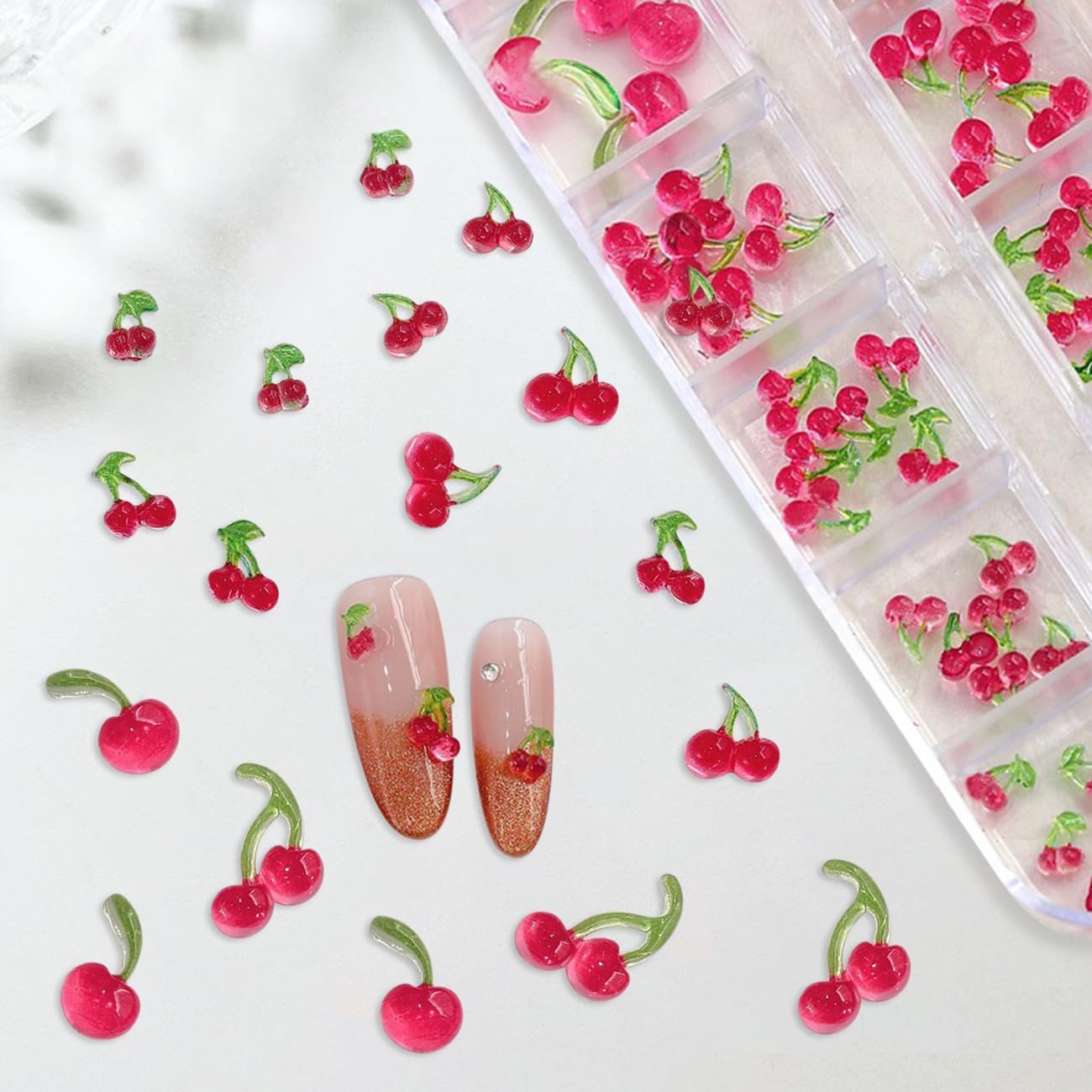 S.A.V.I 3D Cherry Nail Art Charms Set (62 Pcs) | Red & Green Resin Mini Fruit Designs | Mixed Sizes | Glossy Finish | DIY Nail Decoration | 12-Grid Storage Box