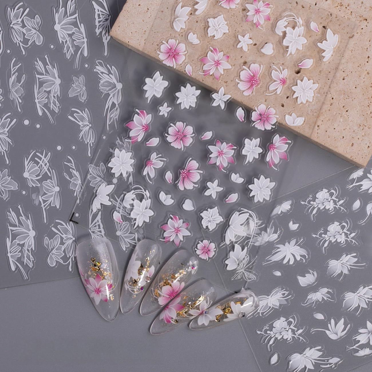 S.A.V.I 4 Sheets - 3D Floral Nail Art Stickers | White & Pink Self-Adhesive PVC Decals with Transparent Base | DIY Nail Decoration for Gel, Acrylic & Natural