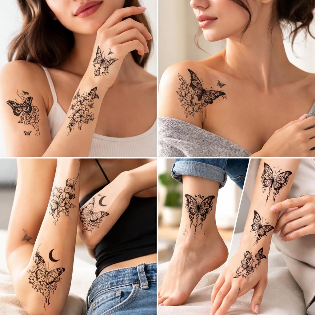 S.A.V.I Black Butterfly Floral Temporary Tattoo Stickers for Women & Girls, 10 Sheets 12x6.8 cm Large Waterproof Non-Toxic Body Art for Arm Wrist Shoulder Ankle Festival Party (#326)