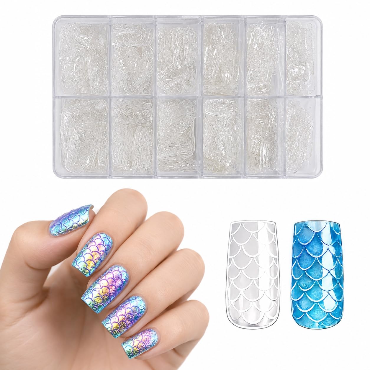 S.A.V.I 3D Mermaid False Nails 140 Pcs Clear Square Soft Gel | 12 Sizes, Natural Fit, Easy Application, Medium Length, Nail Art & Salon DIY