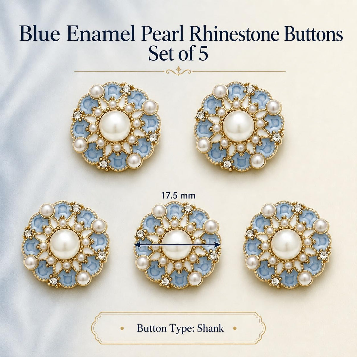 S.A.V.I Pearl Rhinestone Shank Buttons Gold Tone Blue Enamel 17.5mm | Set of 5, Floral Design, For Kurtis & Blouses, DIY Crafts, Sewing Fasteners