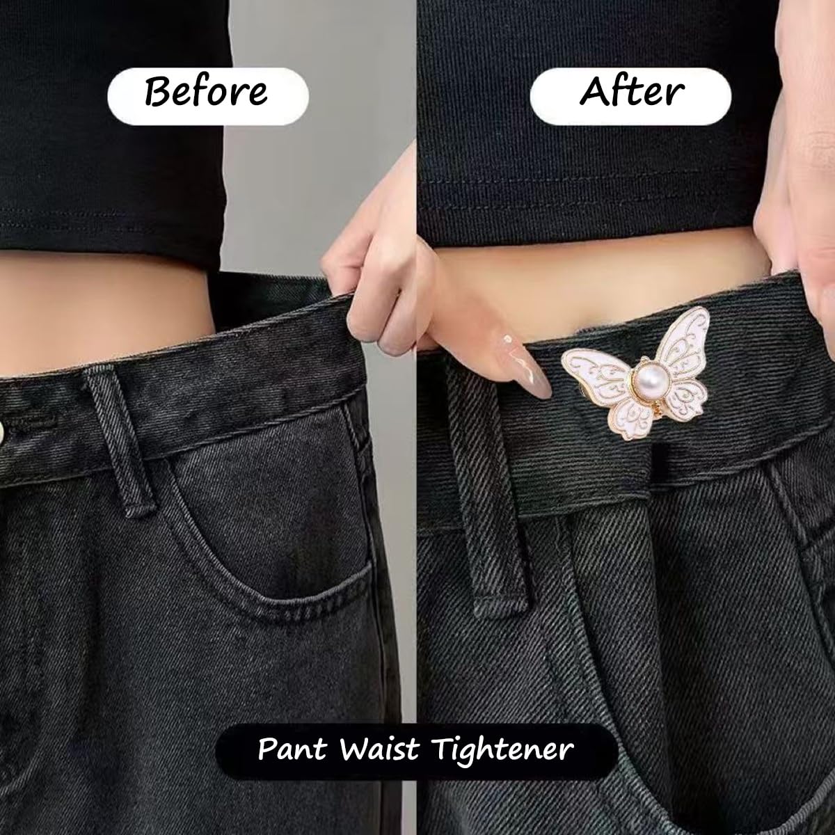 S.A.V.I 2 Pcs Butterfly Pant Waist Tightener Clip, No Sew Adjustable Button for Loose Jeans Dresses Skirts, White Pearl Metal Waist Buckle, Lightweight Perfect Fit (3cm x 2.5cm)