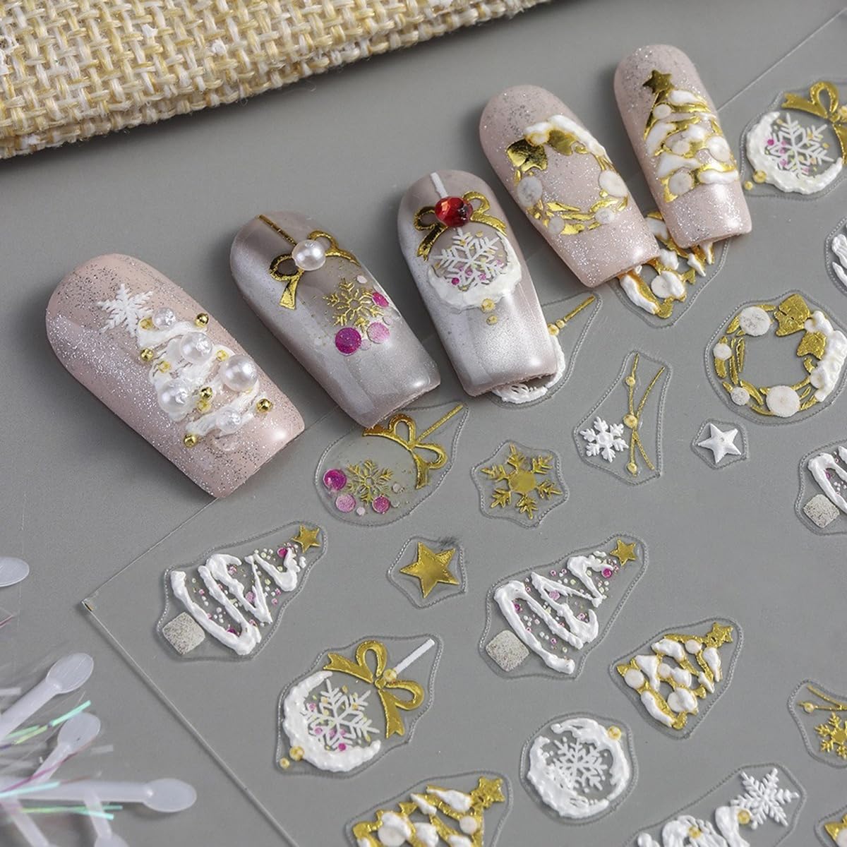 S.A.V.I 2 Sheets - 3D Christmas Nail Art Stickers Self-Adhesive Resin Decals in Gold White Red Green, Snowman Tree Bauble Designs, Festive DIY Manicure Decor for Women