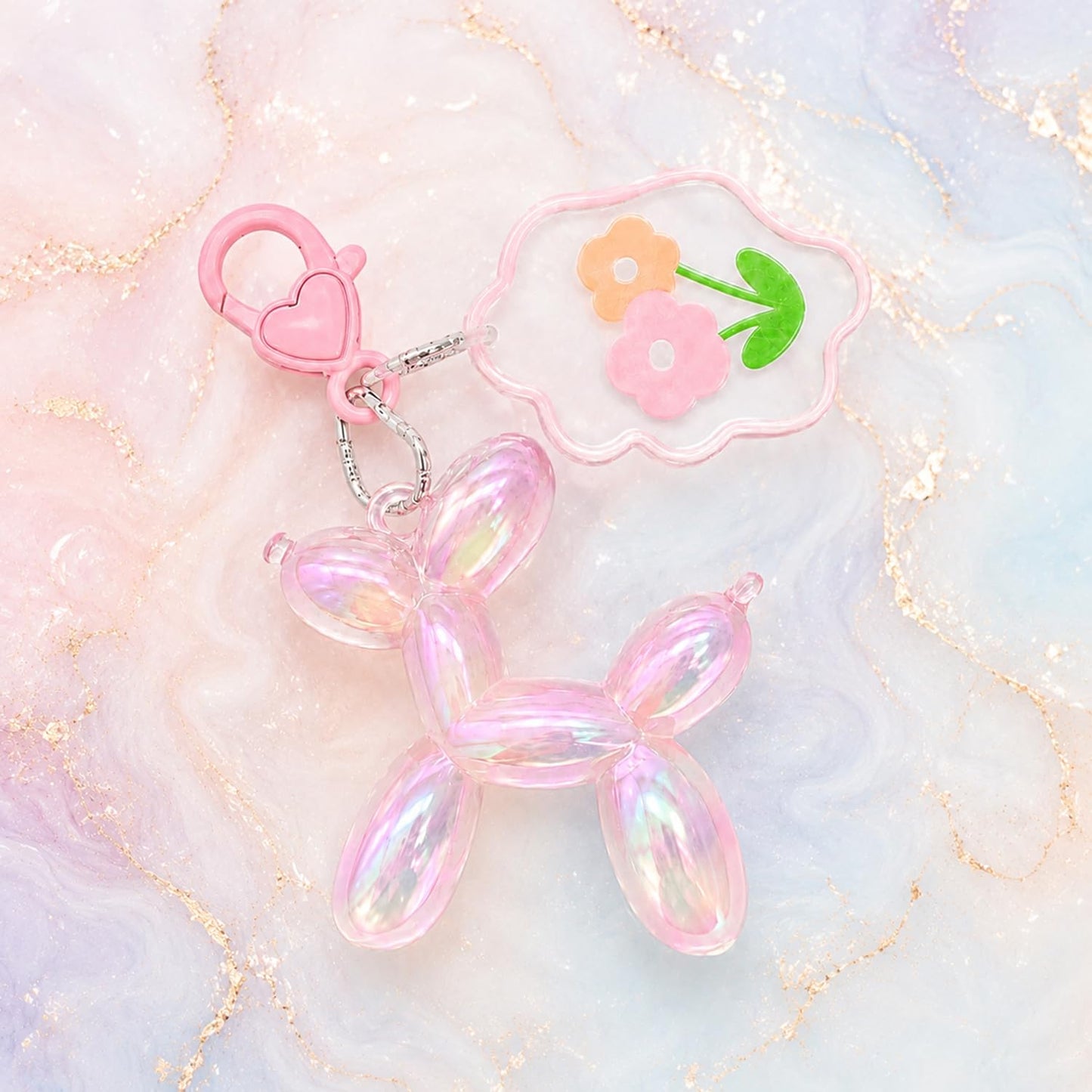 S.A.V.I Cute Balloon Dog Keychain Resin Bag Charm Pink Floral Pendant, Aurora Finish, 5.2 cm Lightweight Accessory with Heart Clasp, Durable Decorative Gift for Women, Girls, Handbags & Keys