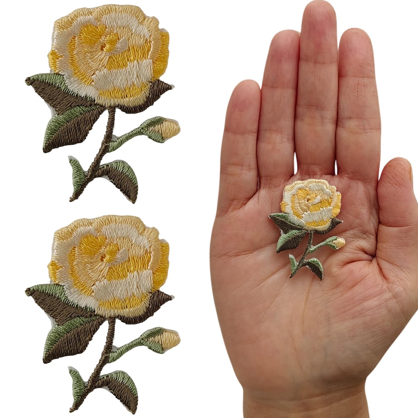 S.A.V.I 2 Pcs Iron-On Embroidered Rose Flower Patch Set, Yellow & Green Floral Applique, 1.6 x 1.2 Inch Pre-Glued Fabric for Clothes, Bags & DIY Craft Decor