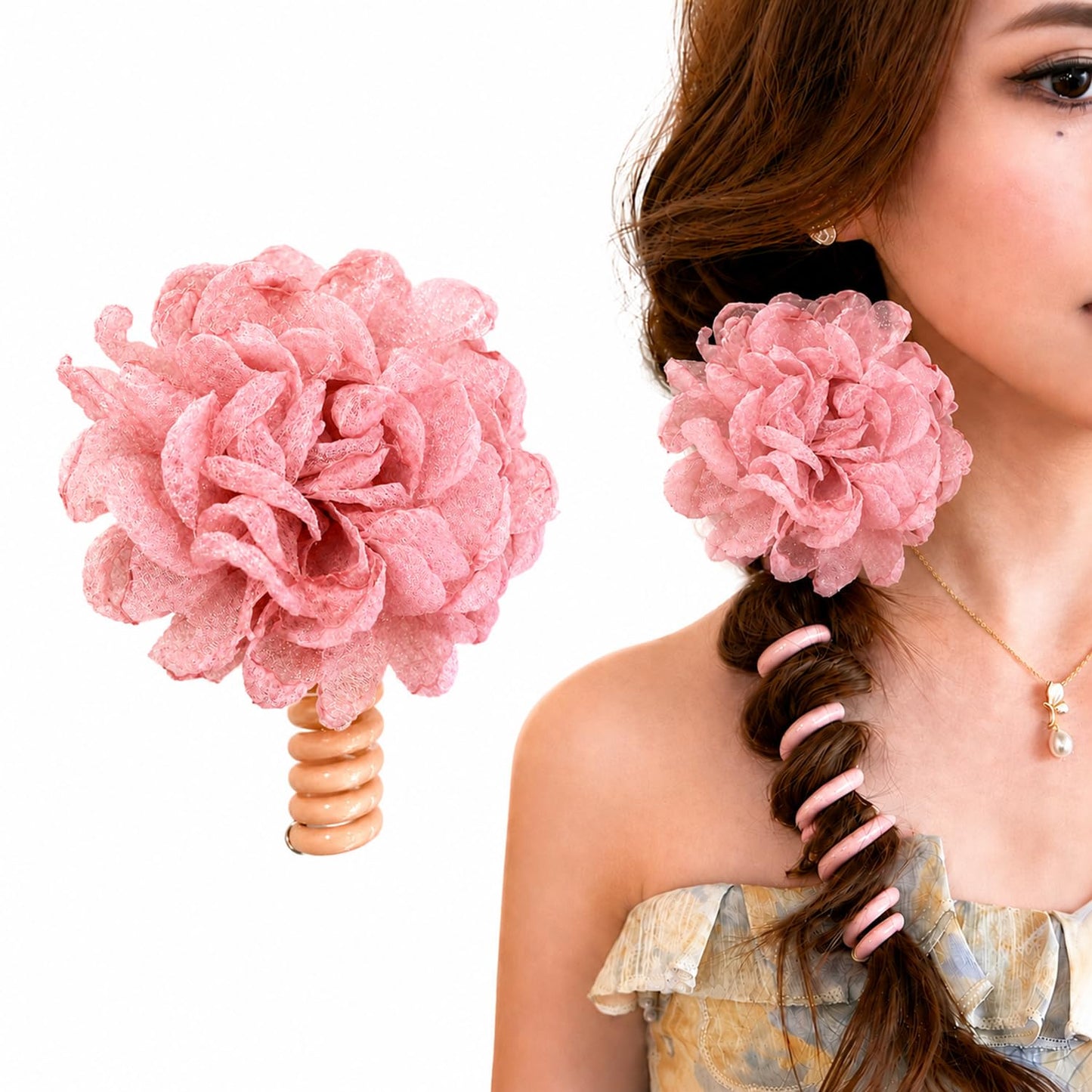 S.A.V.I Big Flower Telephonic Hair Tie for Women, Pink, Soft Fabric Bloom Accessory, 11 cm Oversized Design for Casual, Party, Gifting & Comfortable All-Day Hold