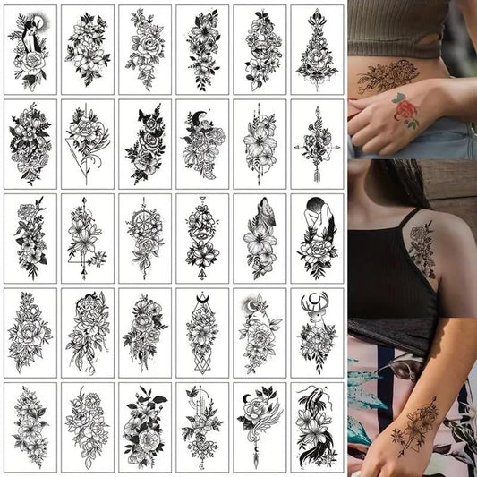 S.A.V.I 30 Pcs Black Floral Temporary Tattoos for Women & Girls | Waterproof, Non-Toxic, Safe Body Art Stickers | Long-Lasting Arm, Shoulder, Back Mehndi Style Design | Easy to Apply & Remove (07)
