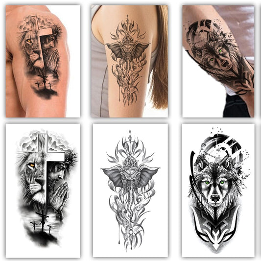 S.A.V.I 3 Majestic Lion & Tiger Temporary Tattoo Sheets for Men & Women | Large 21x11cm Arm Sleeve Stickers | Realistic Black & Orange Flame Body Art | Safe, Non-Toxic & Long Lasting (Wild-1)
