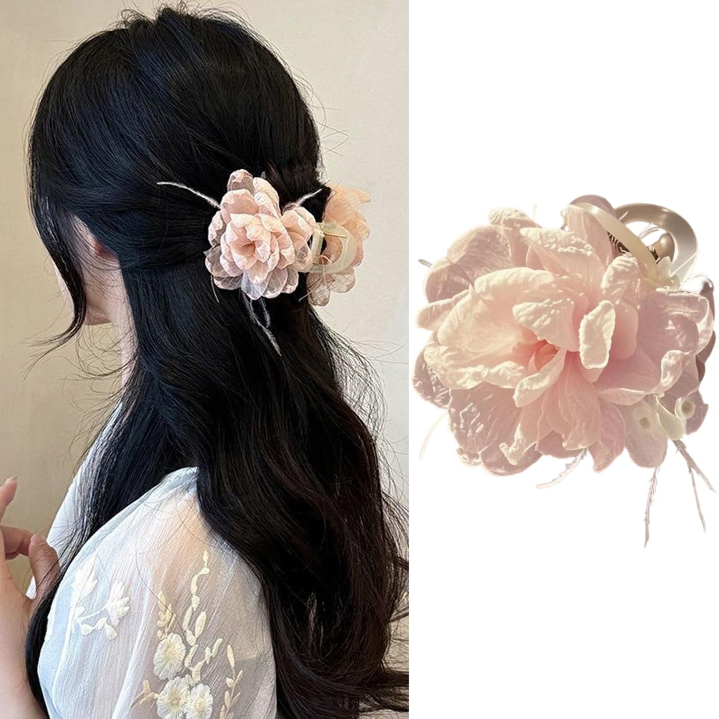 S.A.V.I Baby Pink Floral Hair Claw Clip for Women & Girls, 8 cm Rose Design, Lightweight Net Fabric with Strong Plastic Claw, Korean Style Hair Accessory for Daily, Party & Casual