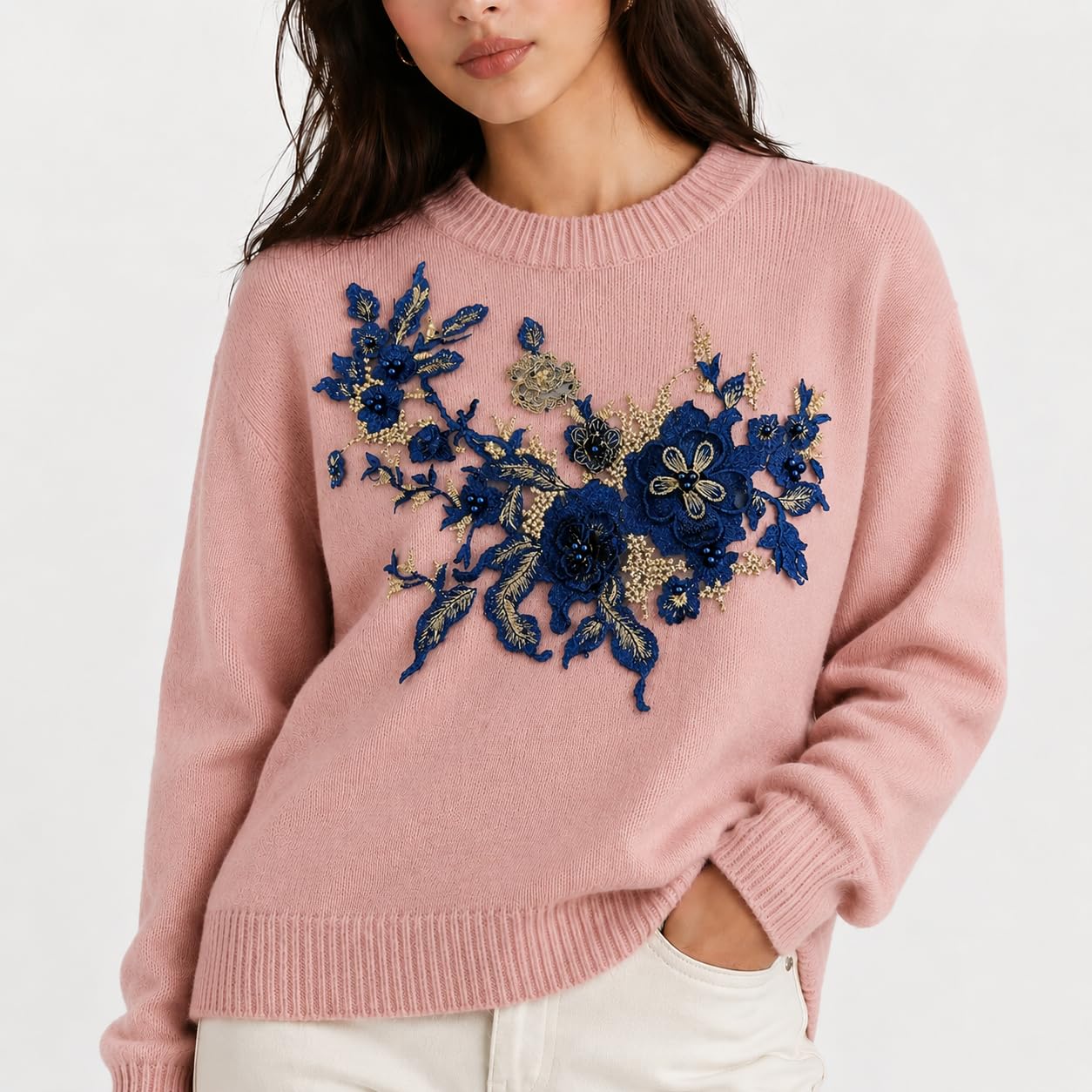 S.A.V.I Floral Embroidery Patch Sew-On Applique Navy Blue 36 x 25 cm|Gold Beaded Lace Motif for DIY Blouse, Gown, Sweater, Kurti & Costume Customization