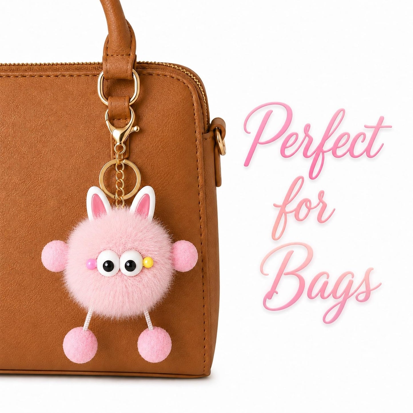 S.A.V.I Cute Plush Pom Pom Keychain for Bags & Keys, Pink Bunny Charm, Soft Faux Fur, 14 x 4 cm Hanging Accessory, Lightweight Gift for Women Girls, Backpack Purse Car Key Ring