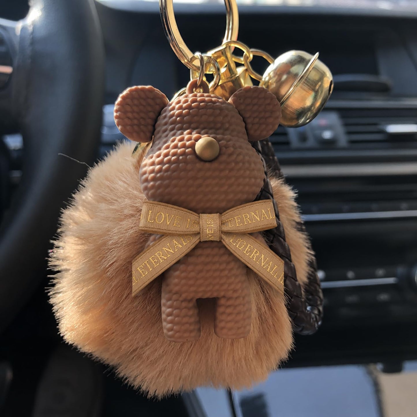 S.A.V.I Teddy Bear Pom Pom Keychain for Women, Faux Fur Bag Charm, Brown, Light Brown | 13.5 cm | Soft Fluffy Plush, Braided Strap, Bell Charm, Secure Clasp, Handbag & Backpack Accessory