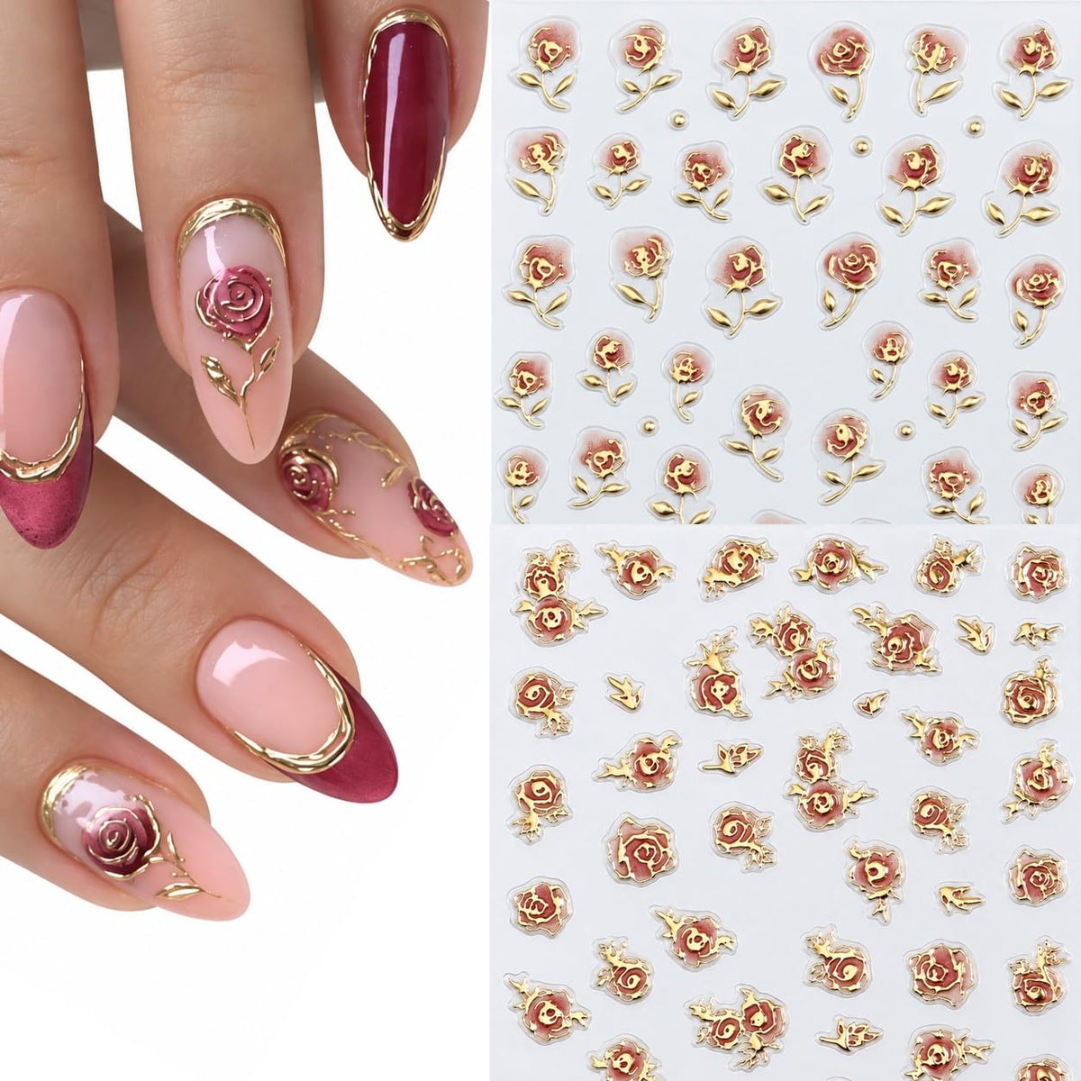 S.A.V.I 3D Rose Nail Art Stickers Self Adhesive Floral Decals 2 Sheets | Pink & Metallic Gold, Embossed Flower Designs, DIY Manicure Decor, 7 x 9 cm, Salon Style Finish