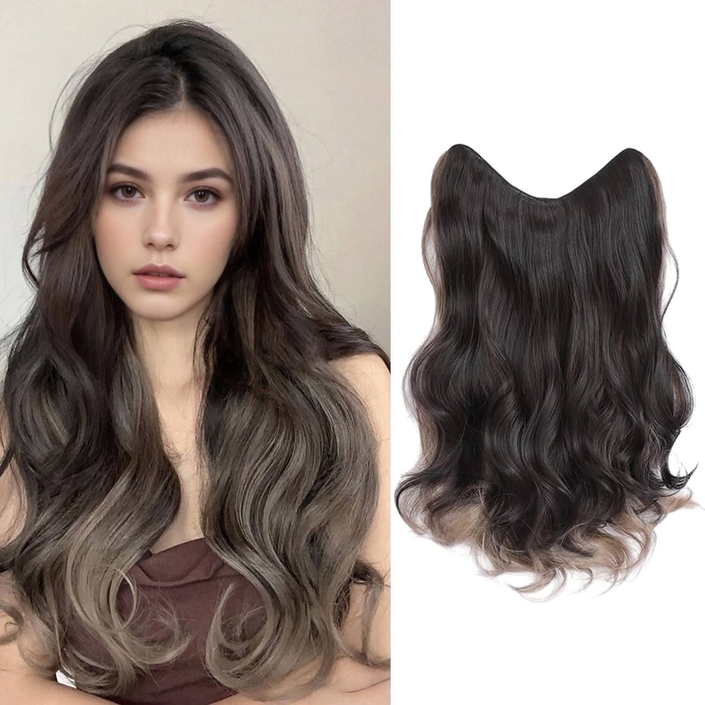 S.A.V.I U-Shape Clip-In Hair Extension for Women, Natural Black & Blonde Brown Dual Tone, 50cm Long Wavy Synthetic Hair Topper, Volumizer, Length Enhancer with Secure Clips