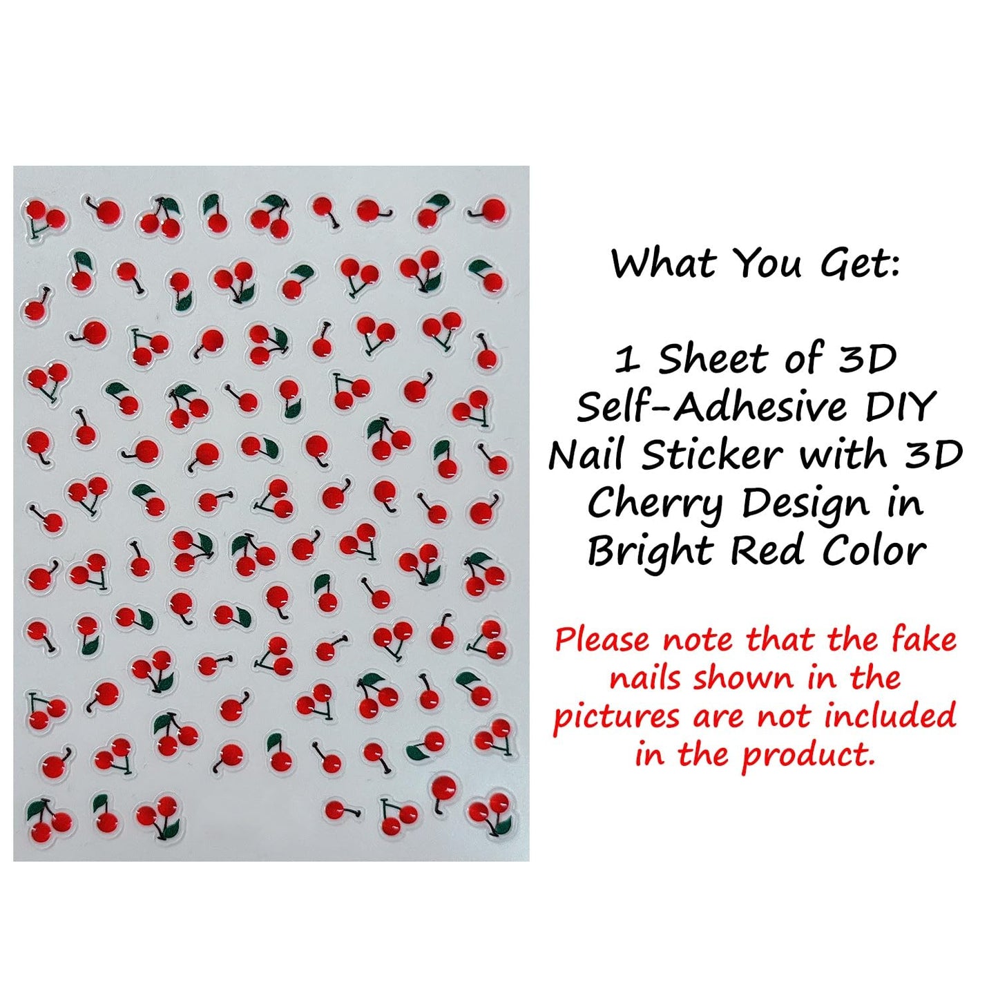 S.A.V.I 1 Sheet - 3D Jelly Cherry Nail Stickers 10x8 cm | Bright Red Cute Fruit Design | Self Adhesive DIY Nail Art Decals | Glossy Resin Manicure Accessories for Women & Girls