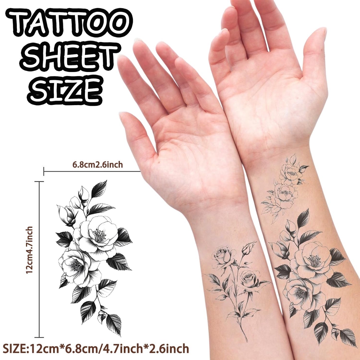 S.A.V.I 10 Sheets Black Floral Temporary Tattoos for Women & Kids | Waterproof Non-Toxic Body Art Stickers | Long-Lasting Skin-Friendly Tattoo for Arm, Wrist, Hand | Easy to Apply & Remove