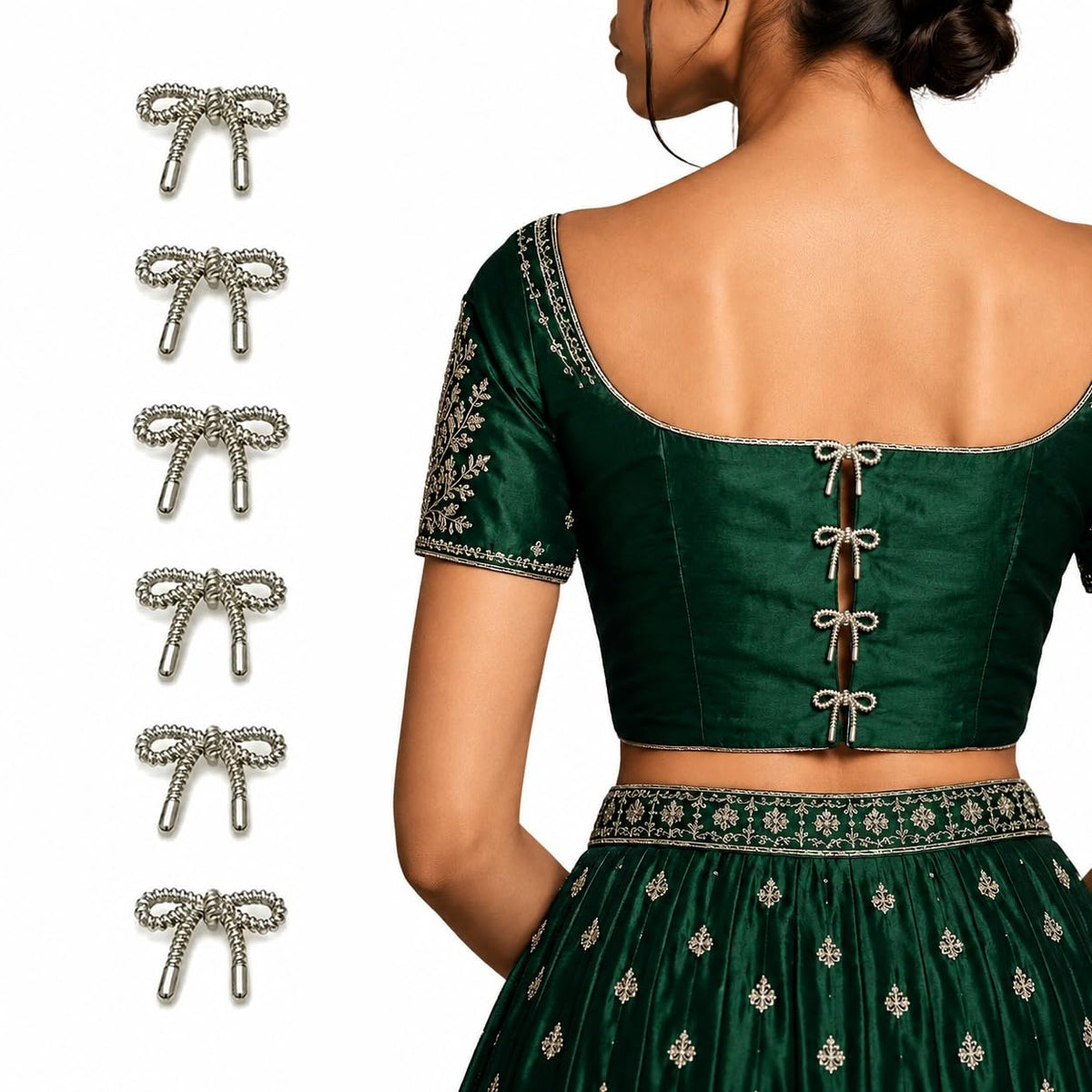 S.A.V.I Bow Buttons for Blouse & Saree, Silver-Tone 20mm Metal Shank | Set of 6, for Choli & Lehenga, Sewing & Tailoring, DIY Crafts, Women's Wear