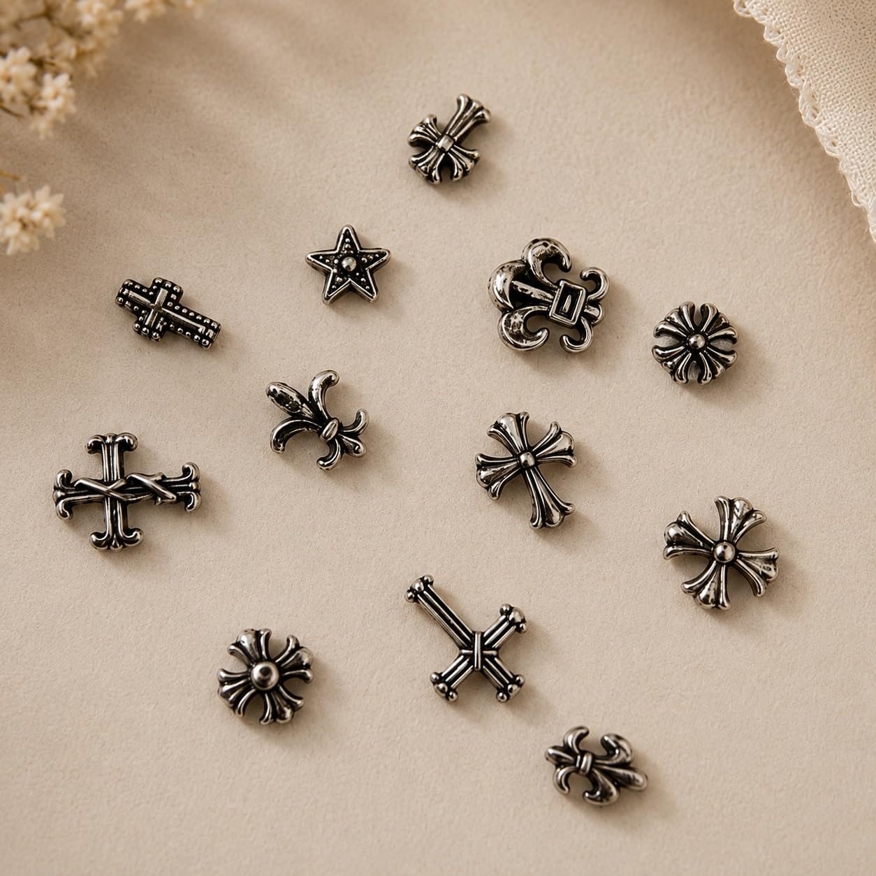 S.A.V.I 3D Alloy Gothic Cross Nail Charms, 12 Styles, Gun Black | Retro Punk Design, 12-Section Storage Box, DIY Manicure Use, Metal Studs, Salon & Home