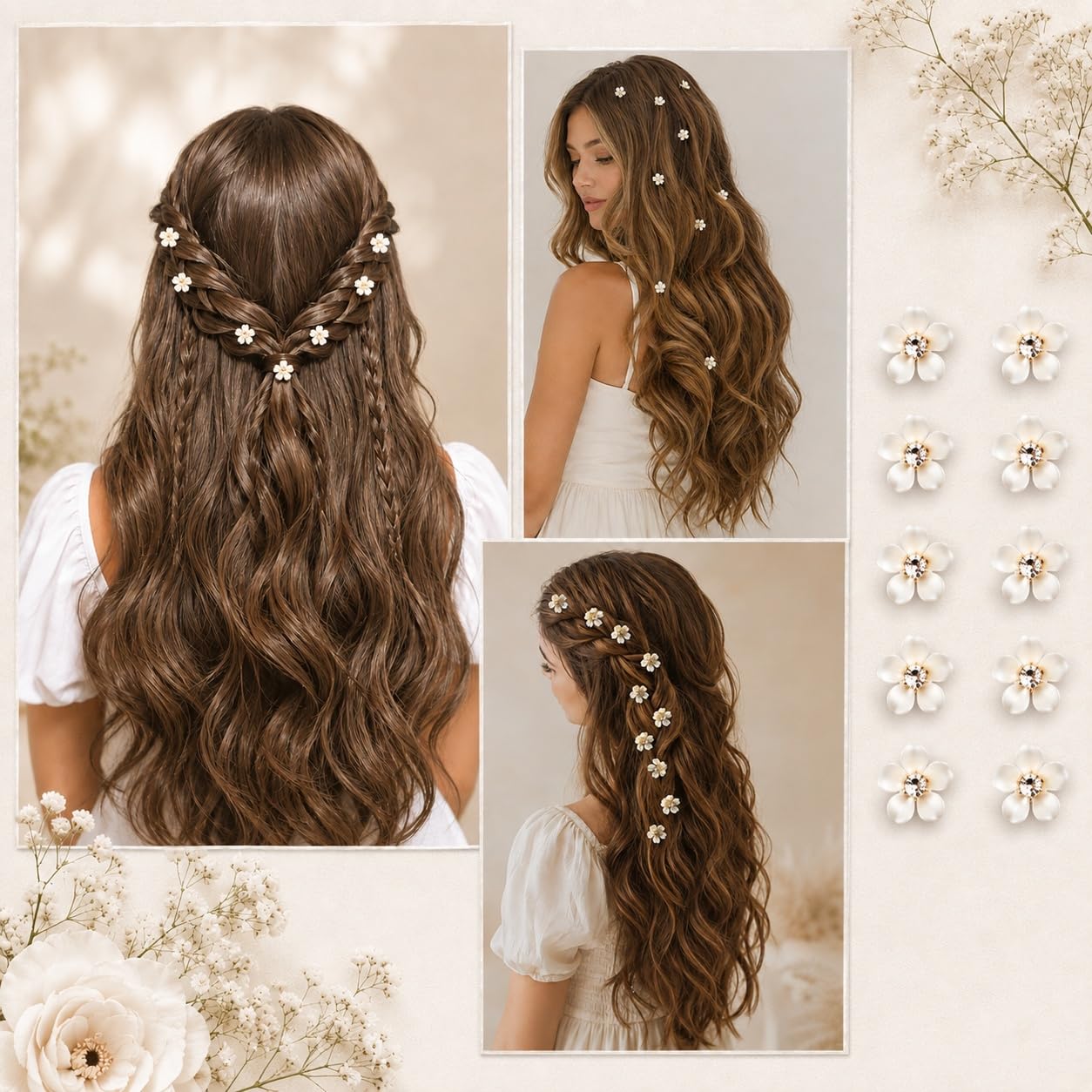 S.A.V.I White Floral Hair Clips with Crystal Center, 1.5 cm Daisy | Set of 10, Bridal Hair Pins, Shell Finish, Wedding & Party, Girls & Women