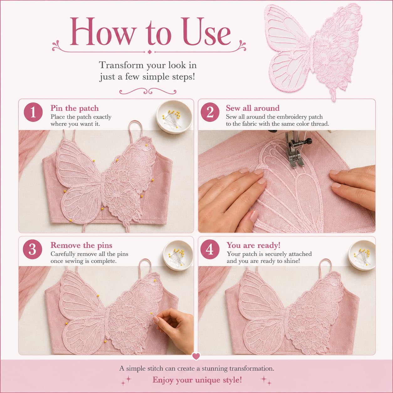 S.A.V.I Butterfly Floral Embroidery Sew-On Patch Pink Mesh 35x32cm|Floral Lace Motif for Dresses, Blouses & Gowns, Premium Fabric, DIY Clothing Repair & Customization, Women Craft Accessory
