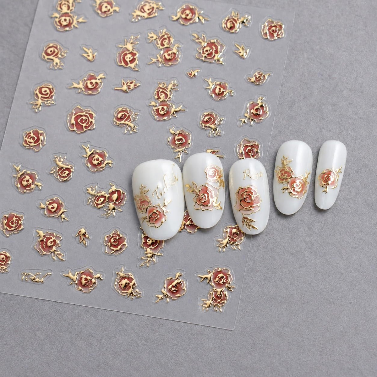 S.A.V.I 3D Rose Nail Art Stickers Self Adhesive Floral Decals 2 Sheets | Pink & Metallic Gold, Embossed Flower Designs, DIY Manicure Decor, 7 x 9 cm, Salon Style Finish
