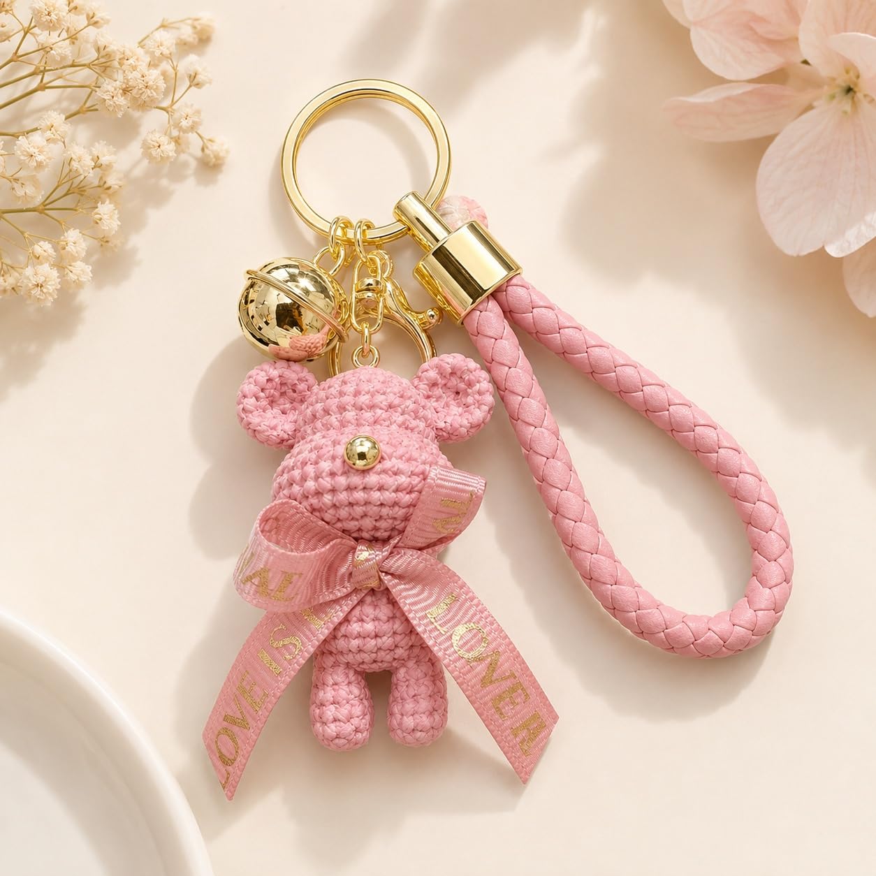 S.A.V.I Teddy Bear Keychain Pink Bag Charm with Gold Tone Bell | Braided Wrist Strap, Resin Finish, 7 x 4 cm, for Keys & Backpack, for Women & Girls