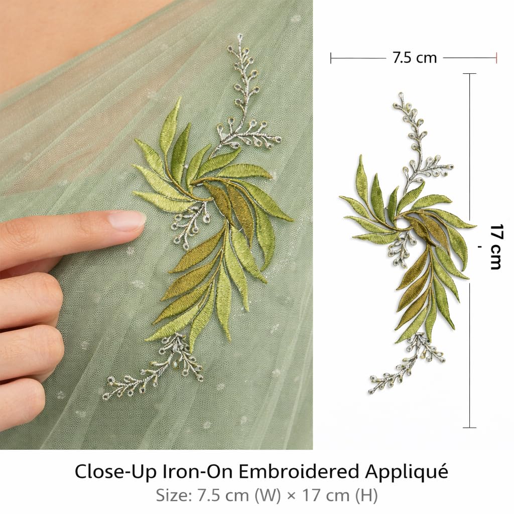 S.A.V.I Green & Silver Floral Iron-On Embroidered Appliqué Patch 7.5 x 17 cm | Leaf Motif Threadwork Design for Dresses, Sarees, Blouses & DIY Fabric Craft (Right, Green, 7.5 x 17 cm)