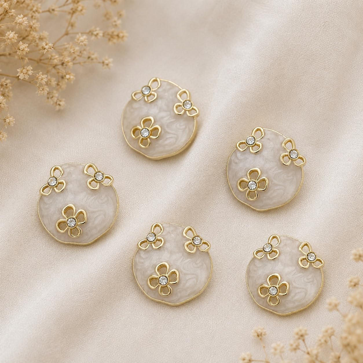 S.A.V.I Pearl Buttons for Kurti & Blouse, Ivory Gold Floral Crystal, 17.5mm | Set of 5, Shank Design, Ethnic Wear, DIY Crafts, Sewing Embellishments