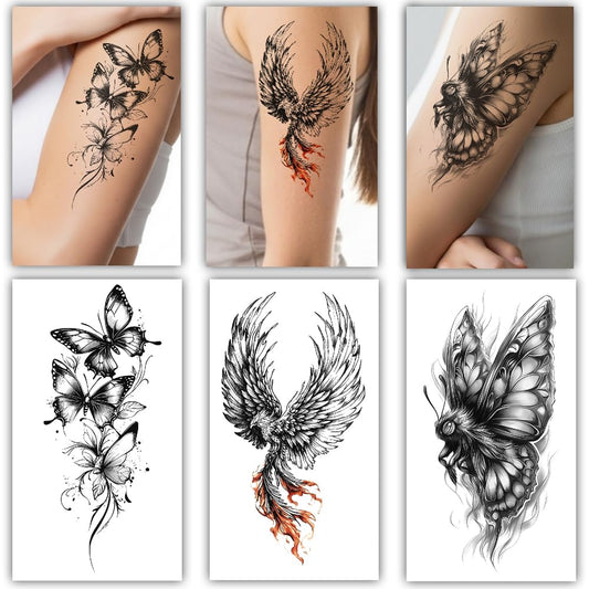 S.A.V.I 3Pcs Temporary Tattoo Sheets for Women & Men | Large 21x11cm Butterfly & Wings Design | Safe, Non-Toxic & Realistic Black Body Art Stickers for Arm, Shoulder, Hand & Back (Wings)
