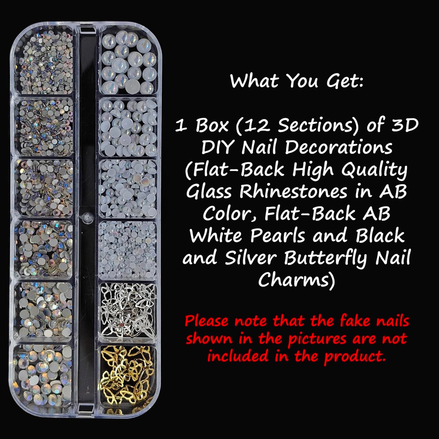 S.A.V.I DIY Nail Art Rhinestone & Pearl Decoration Kit – AB Crystal Glass Flat Back Stones, White Pearls, Gold & Silver Butterfly Charms with 12 Section Storage Box for Gel Acrylic Nails