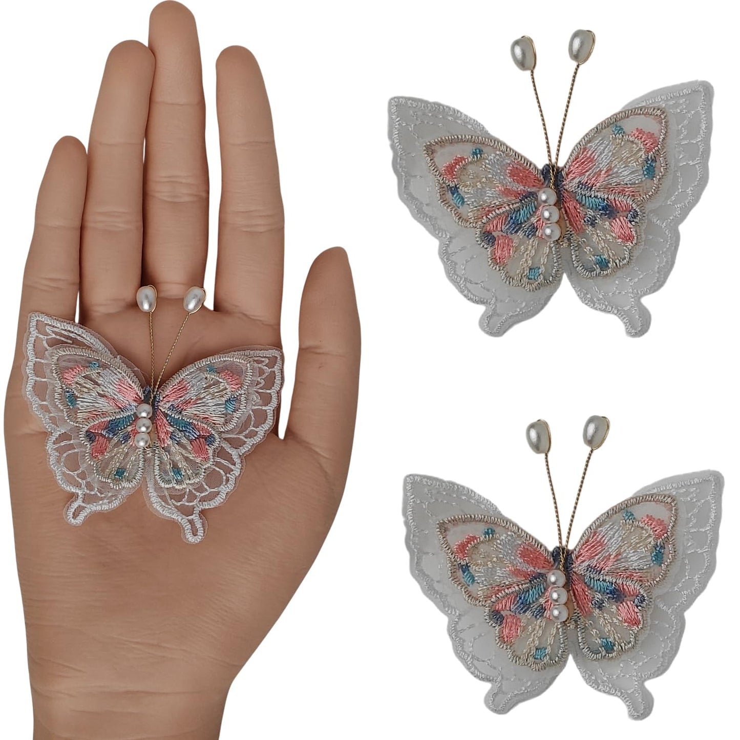 S.A.V.I White & Orange Butterfly Embroidered Sew-On Appliqué Patch Pair 6.5 x 6 cm | Pearl Beaded Lace Fabric Motifs for Dresses, Blouses, Sarees & DIY Craft Decor (Orange)