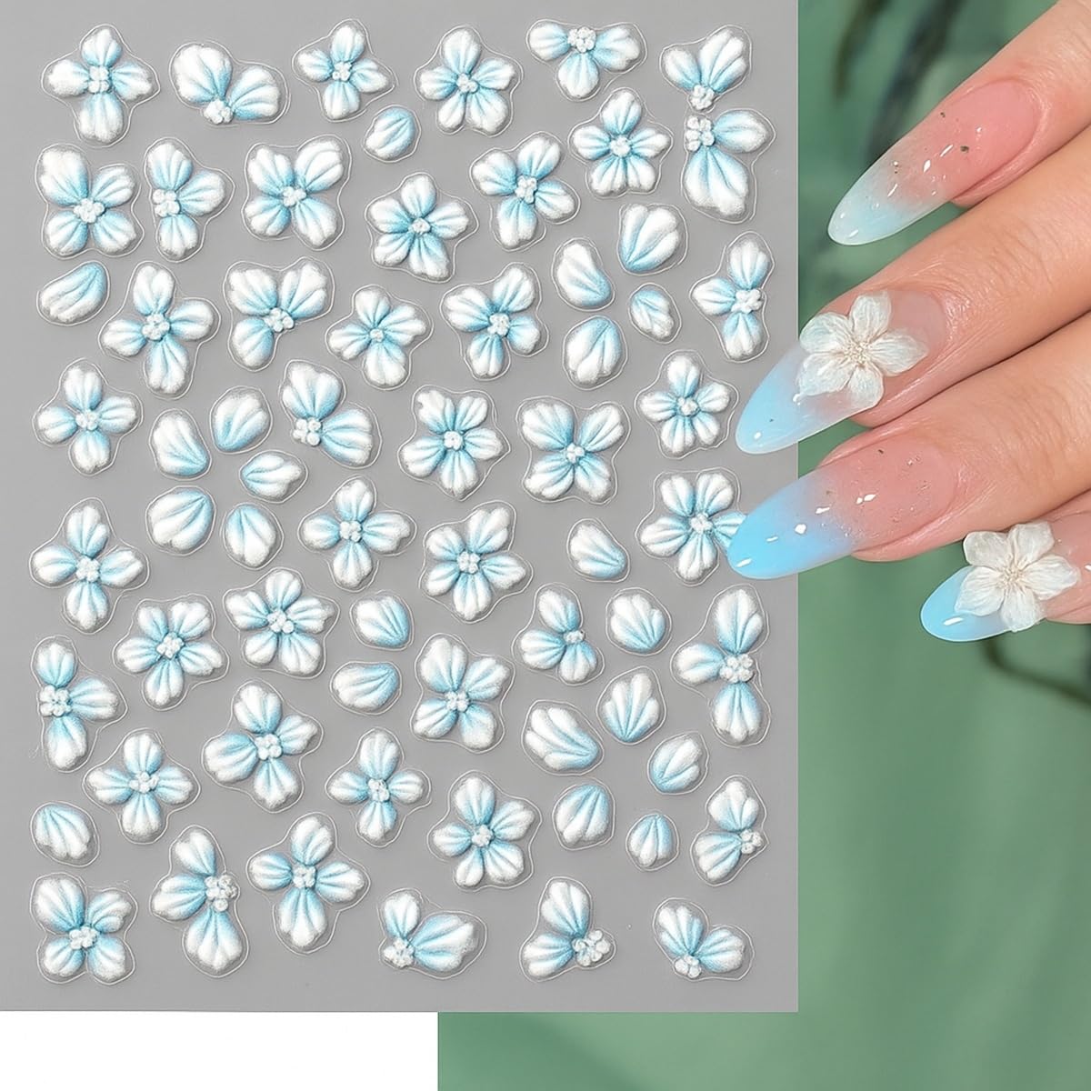S.A.V.I 4 Sheets - 3D Floral Nail Art Stickers – Pearl White & Pastel Pink Blue Acrylic Flower Designs, Self-Adhesive Sheets 7×9 cm for DIY Salon-Style Nails at Home