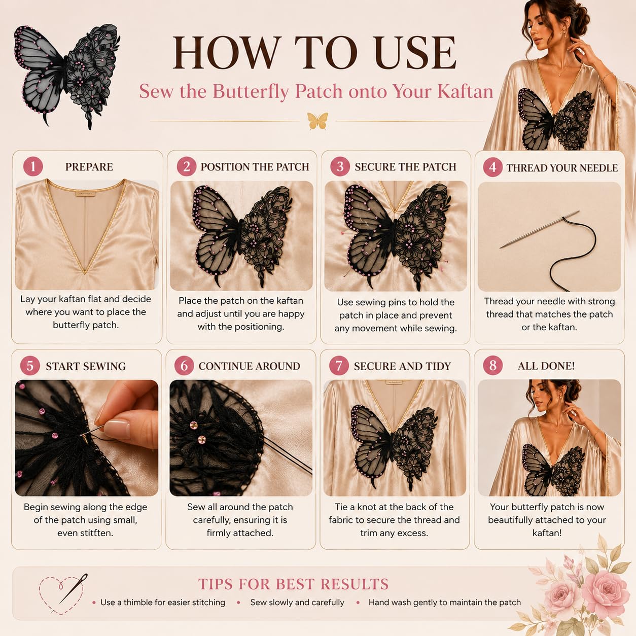 S.A.V.I Butterfly Embroidery Applique Patch Black Mesh Rhinestone Sew-On|Ultra Thin 35x32 cm Floral Lace Design for Kaftan, Dress, Blouse & Tops, Lightweight Decorative Craft Embellishment for Women