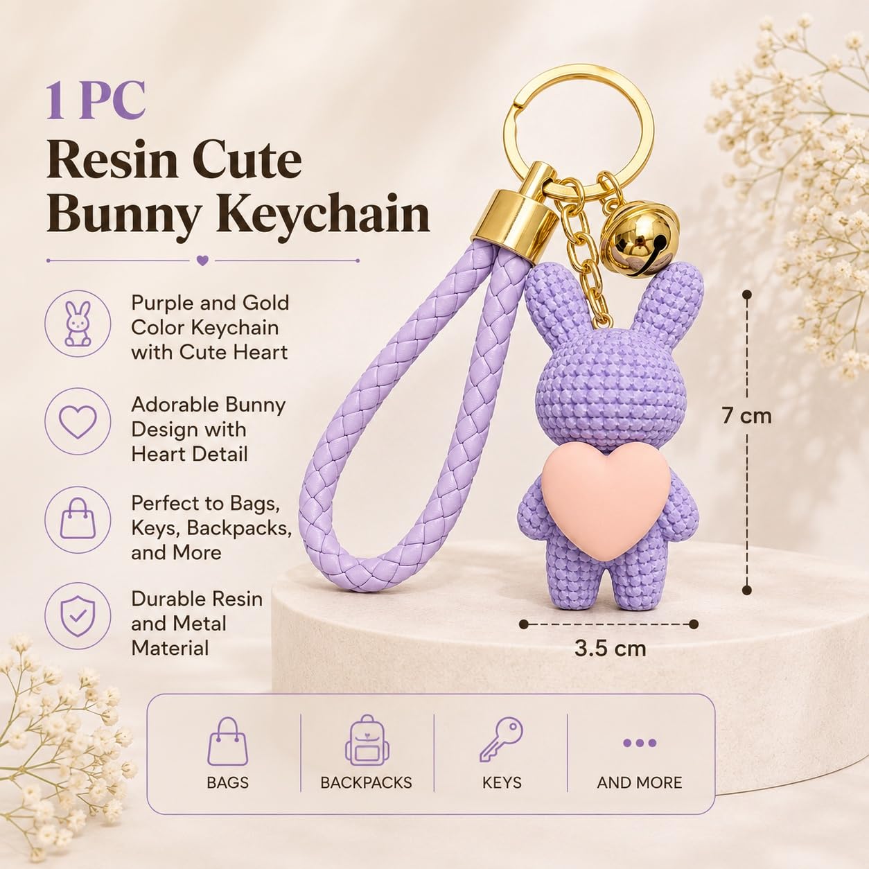 S.A.V.I Bunny Keychain Resin Bag Charm Purple with Heart Pendant | Braided Wrist Strap, Gold Bell Accent, 7 cm Pendant, for Backpacks & Handbags, for Women & Girls