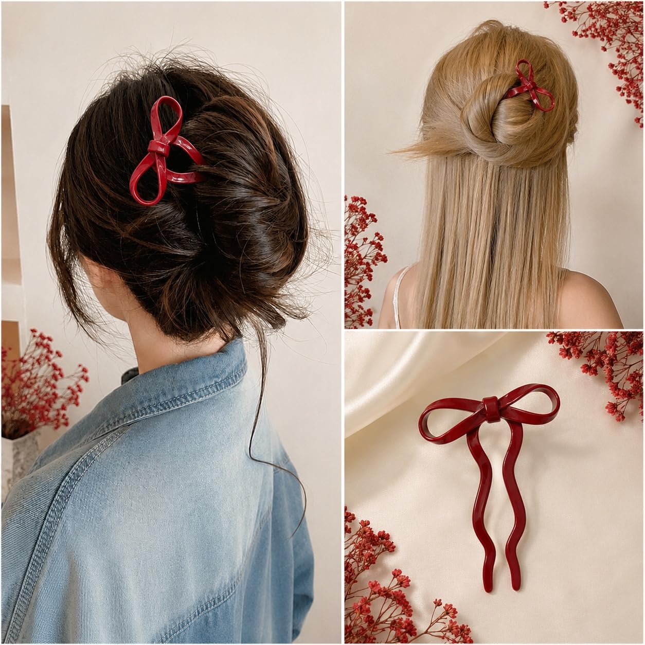 S.A.V.I French Hair Pin Bow Bun Stick for Women 11cm Red | Resin Material, Lightweight, Secure Hold, Half & Full Updos, For Girls & Women
