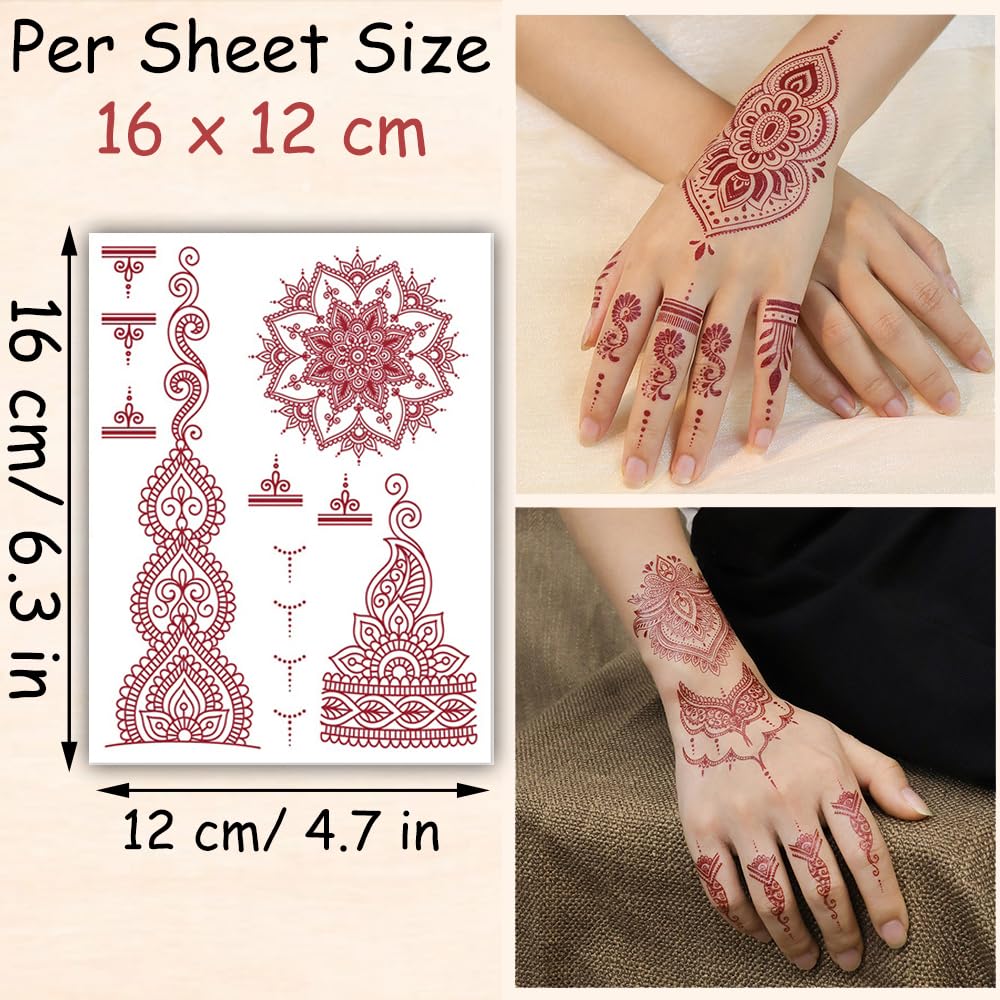 S.A.V.I 2 Sheets - Temporary Mehndi Tattoo Stickers for Hands (16x12 cm) | Red Henna Style | Waterproof, Non-Toxic | Mandala & Floral Design for Women & Girls | Festival & Bridal Use (#41)