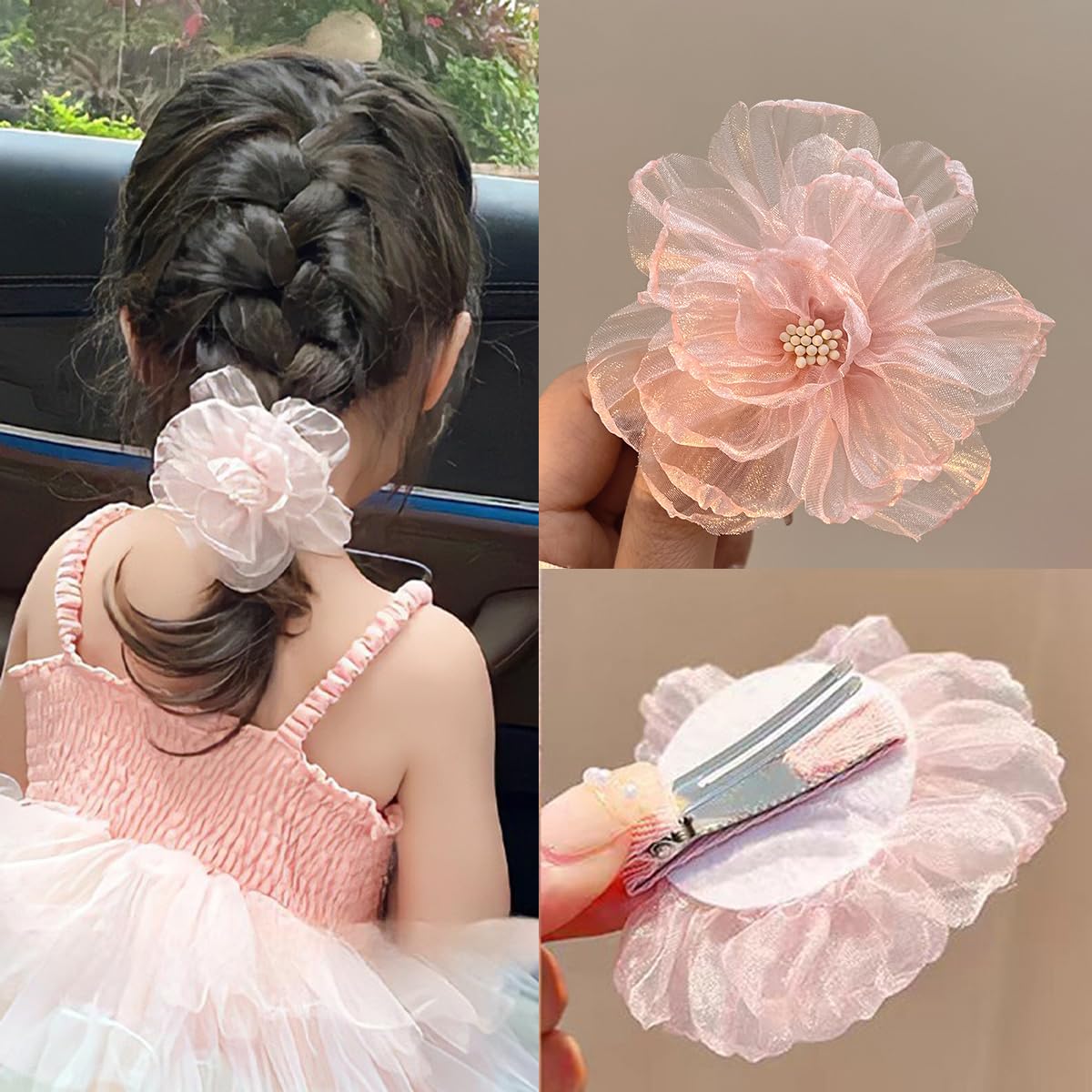 S.A.V.I Baby Pink Organza Flower Hair Clip for Girls & Women, 9 cm Large Floral Alligator Barrette, Soft Mesh Blossom Hair Accessory for Party, Wedding, Korean Style Hairstyles