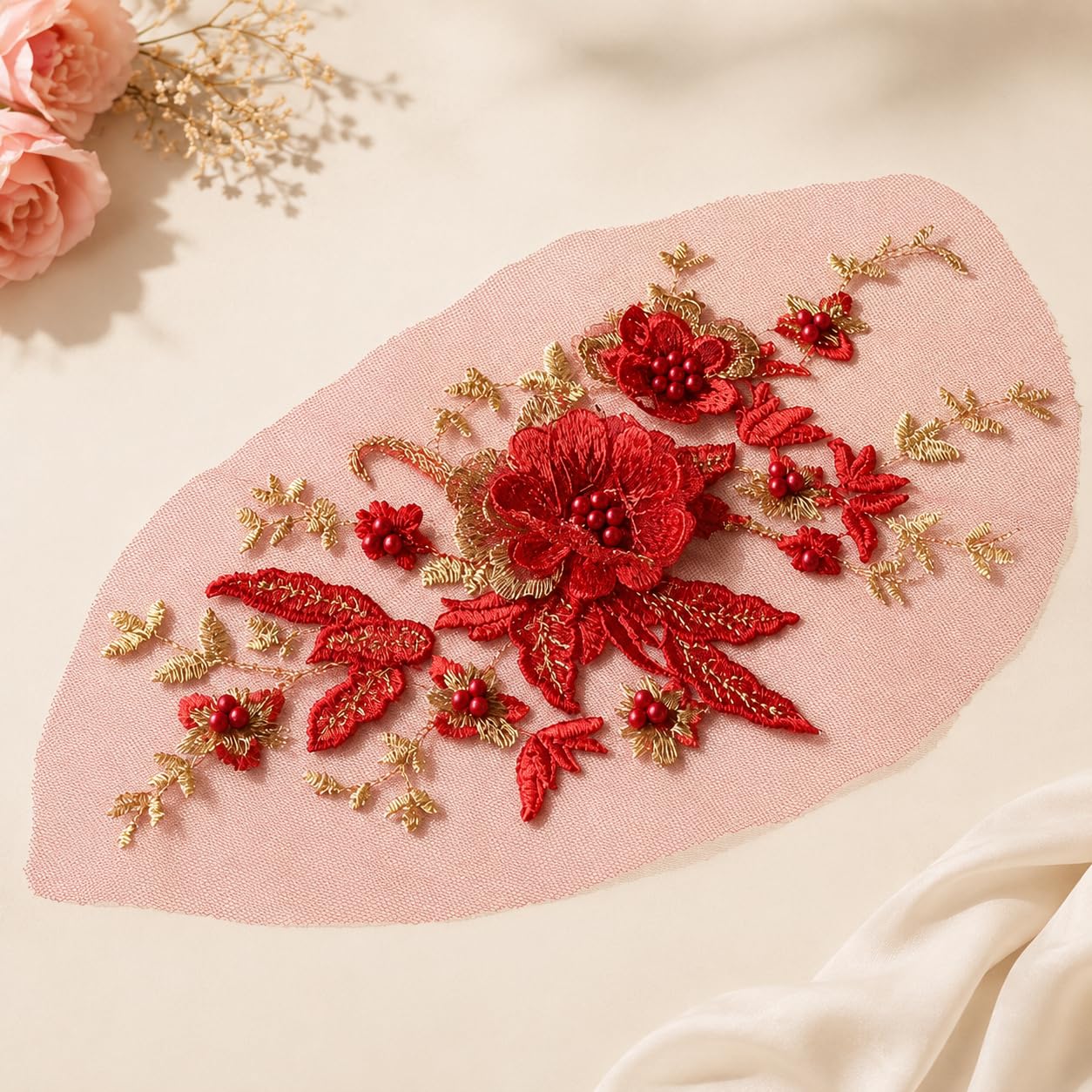 S.A.V.I Floral Embroidery Patch Sew-On Applique Red Gold 29x14cm (Red)|Decorative Lace Motif with Pearl Beads for Kurtas, Saree Blouses, Dresses, Jackets & DIY Craft Customization