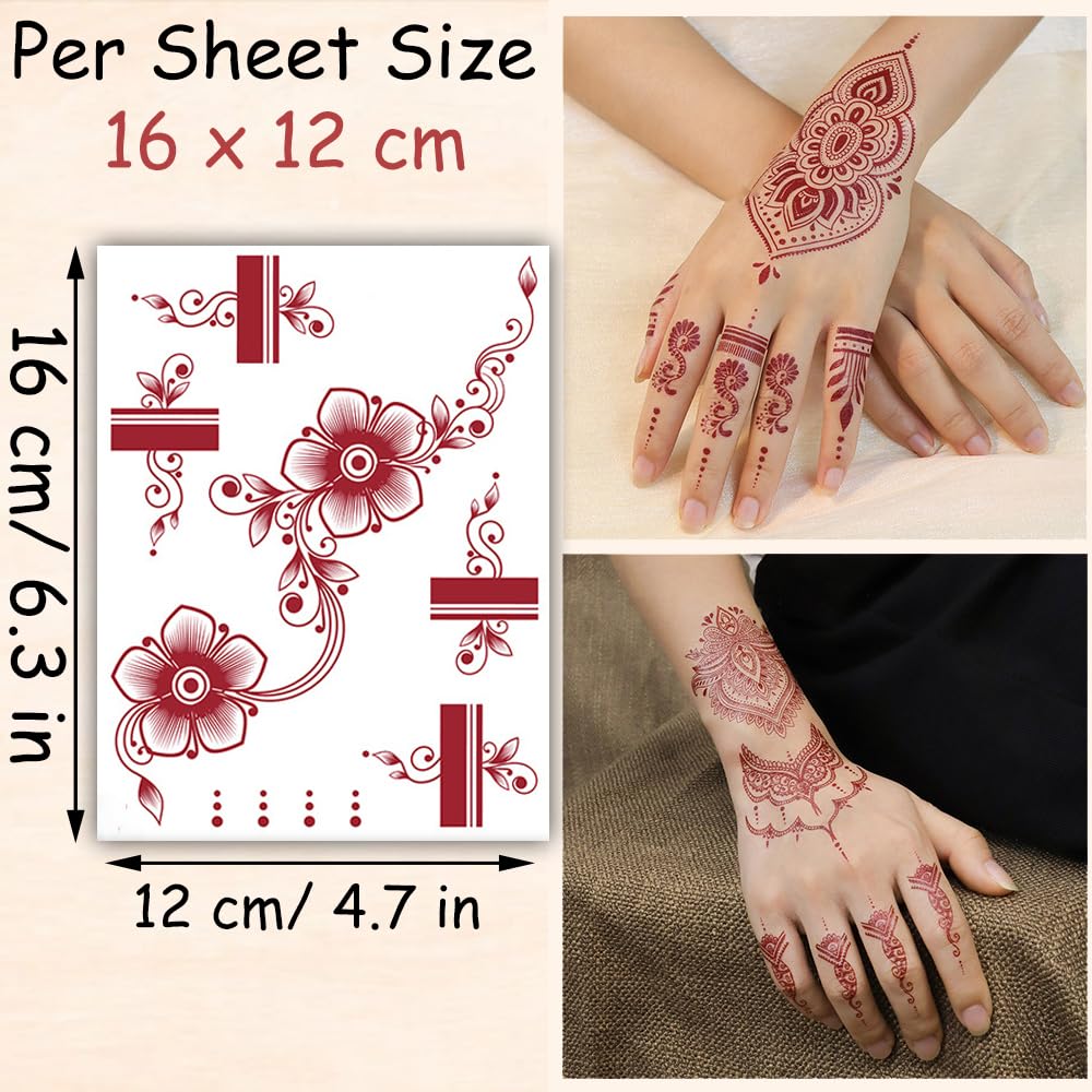 S.A.V.I 2 Sheets - Red Mehndi Style Temporary Tattoo Stickers for Women & Girls (16x12cm) | Floral Net Design | Waterproof, Safe, Non-Toxic Body Art for Hands – Easy to Apply & Remove (#65)