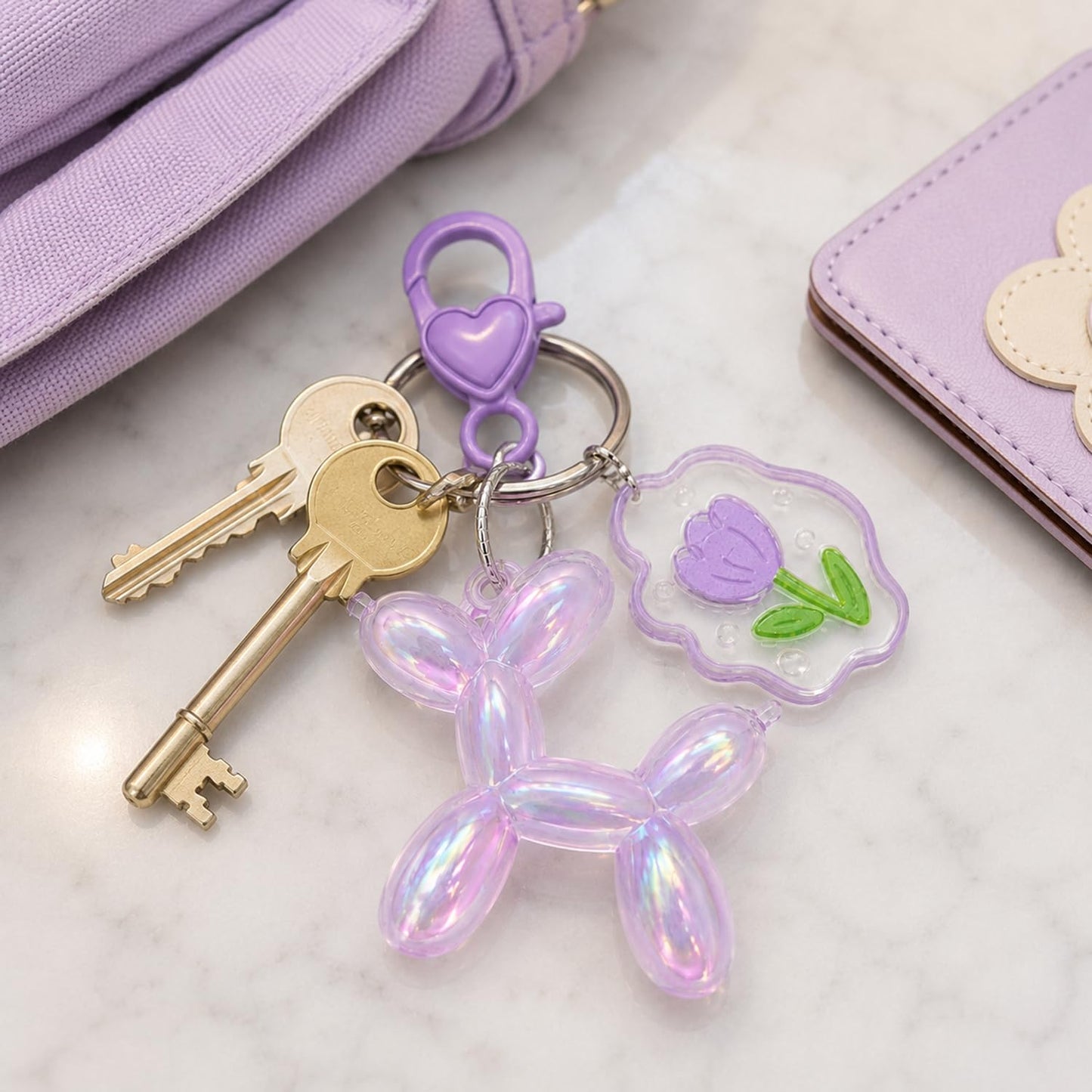 S.A.V.I Balloon Dog Keychain Resin Bag Charm Purple Pendant, Aurora Finish, 5.2 x 4.7 cm, Lightweight Accessory for Bags & Keys, Heart Clasp with Floral Charm, Gift for Girls & Women