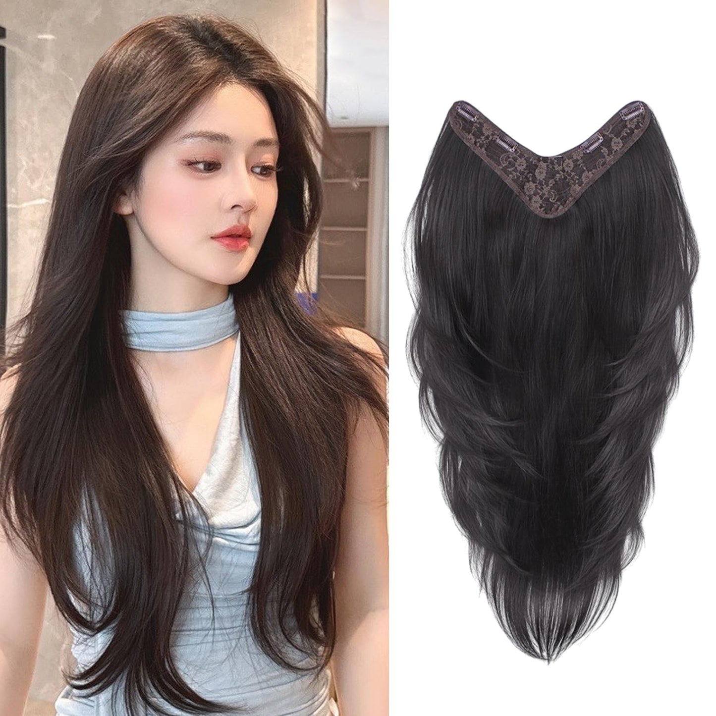 S.A.V.I Natural Black U-Part Hair Extension 60 cm Long, V-Shape Clip-In Crown Topper for Women, Heat-Resistant Synthetic Fiber Hairpiece with Secure Grip Clips, Long Wavy Voluminous Hair