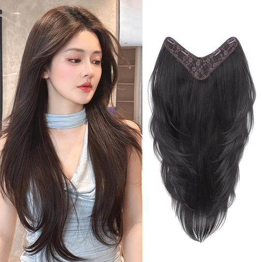 S.A.V.I Natural Black U-Part Hair Extension 60 cm Long, V-Shape Clip-In Crown Topper for Women, Heat-Resistant Synthetic Fiber Hairpiece with Secure Grip Clips, Long Wavy Voluminous Hair