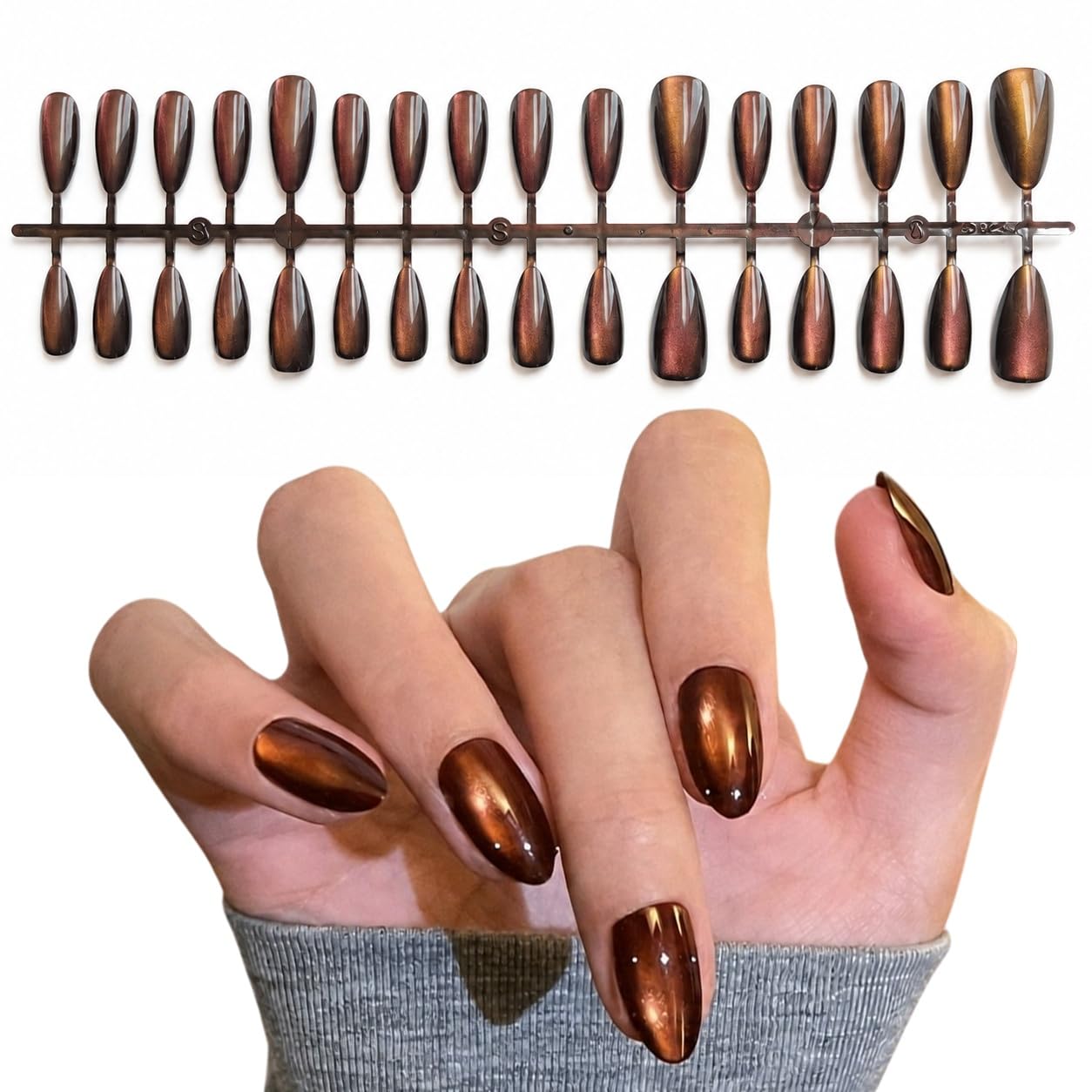 S.A.V.I Cat Eye Press on Nails Copper Bronze Medium Almond 30 Pcs