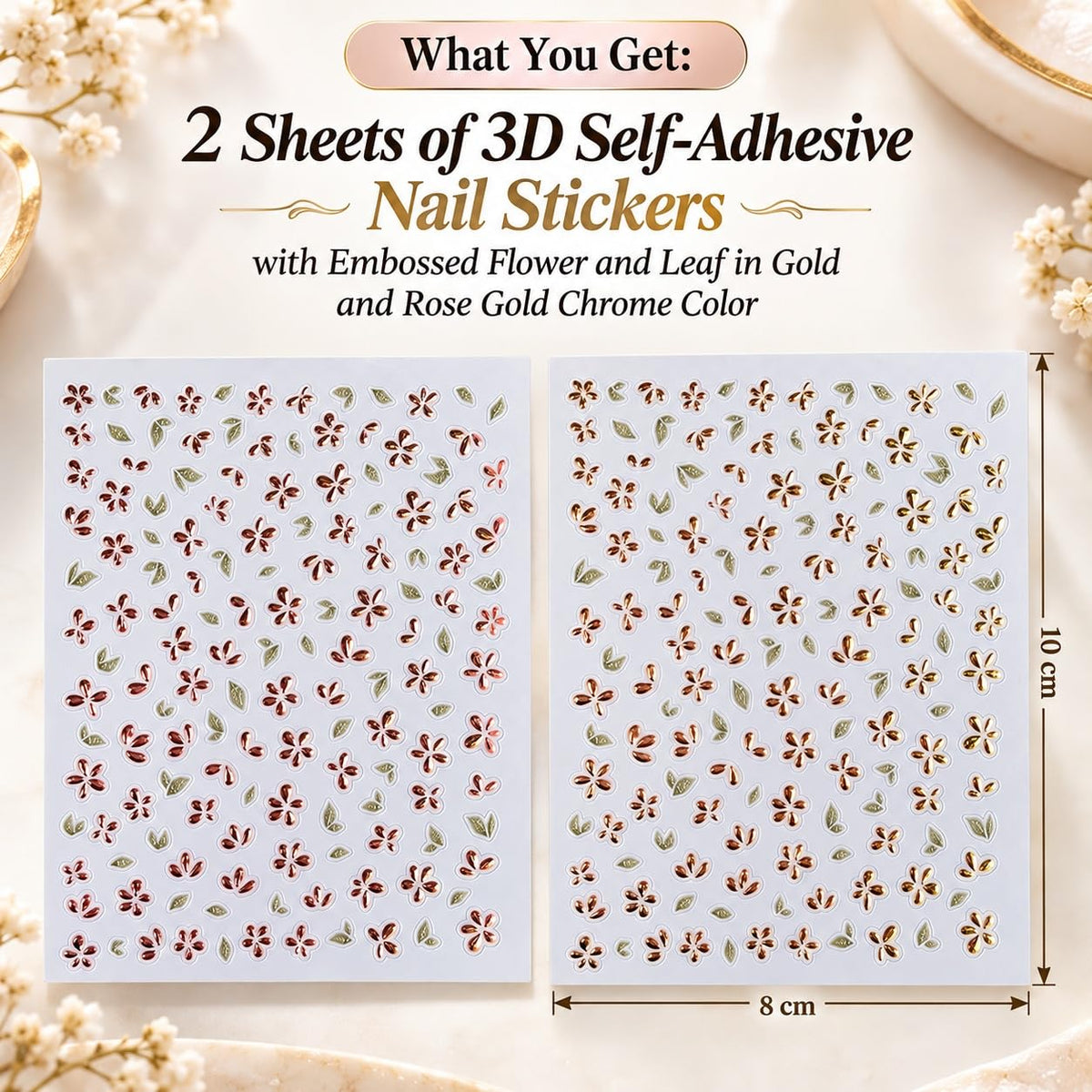S.A.V.I 3D Nail Art Stickers Floral Decals Gold & Rose Gold, 2 Sheets | Self Adhesive, Embossed Chrome Flowers, 8 x 10 cm, Easy Peel & Apply, Manicure Decorations