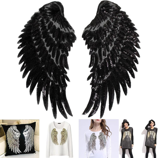S.A.V.I 1 Pair Large Sequin Angel Wings Iron-On Patch | DIY Applique for T-Shirts, Jeans, Backpacks, Pillows | Washable Heat Transfer Sticker | Fashion  Craft Projects (Black)
