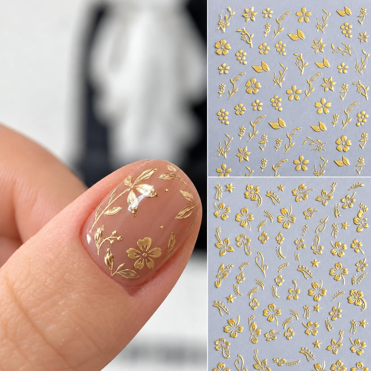 S.A.V.I 3D Floral Nail Art Stickers Metallic Gold Self Adhesive | 2 Sheets, 8 x 10 cm Each, Raised Flower & Leaf Designs, Easy Peel and Apply, for Women & Girls