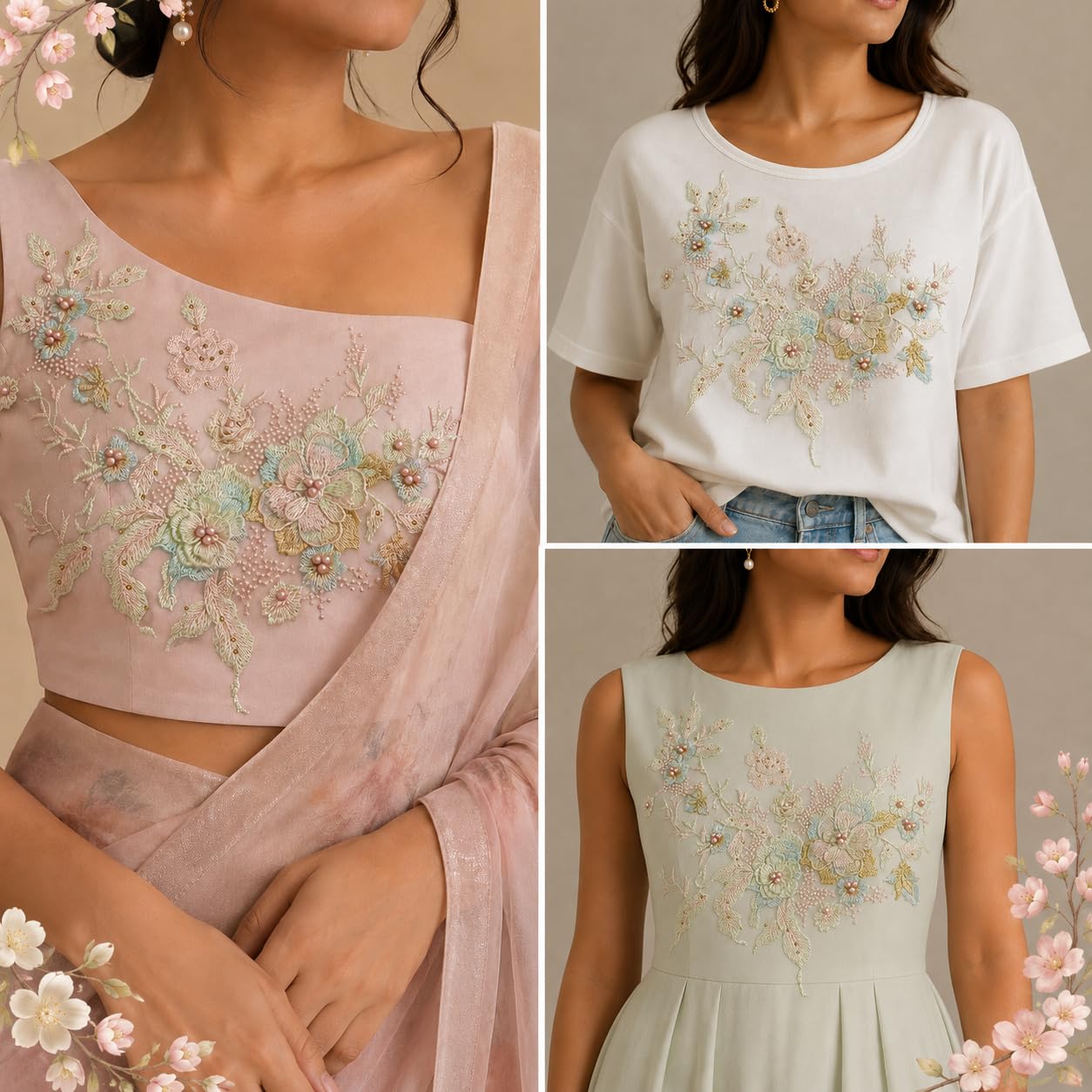 S.A.V.I Big Floral Embroidery Patch Sew-On Applique 36x25 cm|Beige & Pink Mesh Design, DIY Craft Embellishment, For Saree Blouse & Kurta, Hand or Machine Stitch, 1 Pc