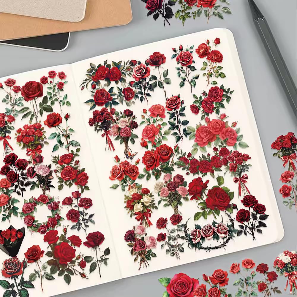 S.A.V.I 50 Rose Bouquet Stickers Pack, Floral Vinyl Decals for DIY Crafts