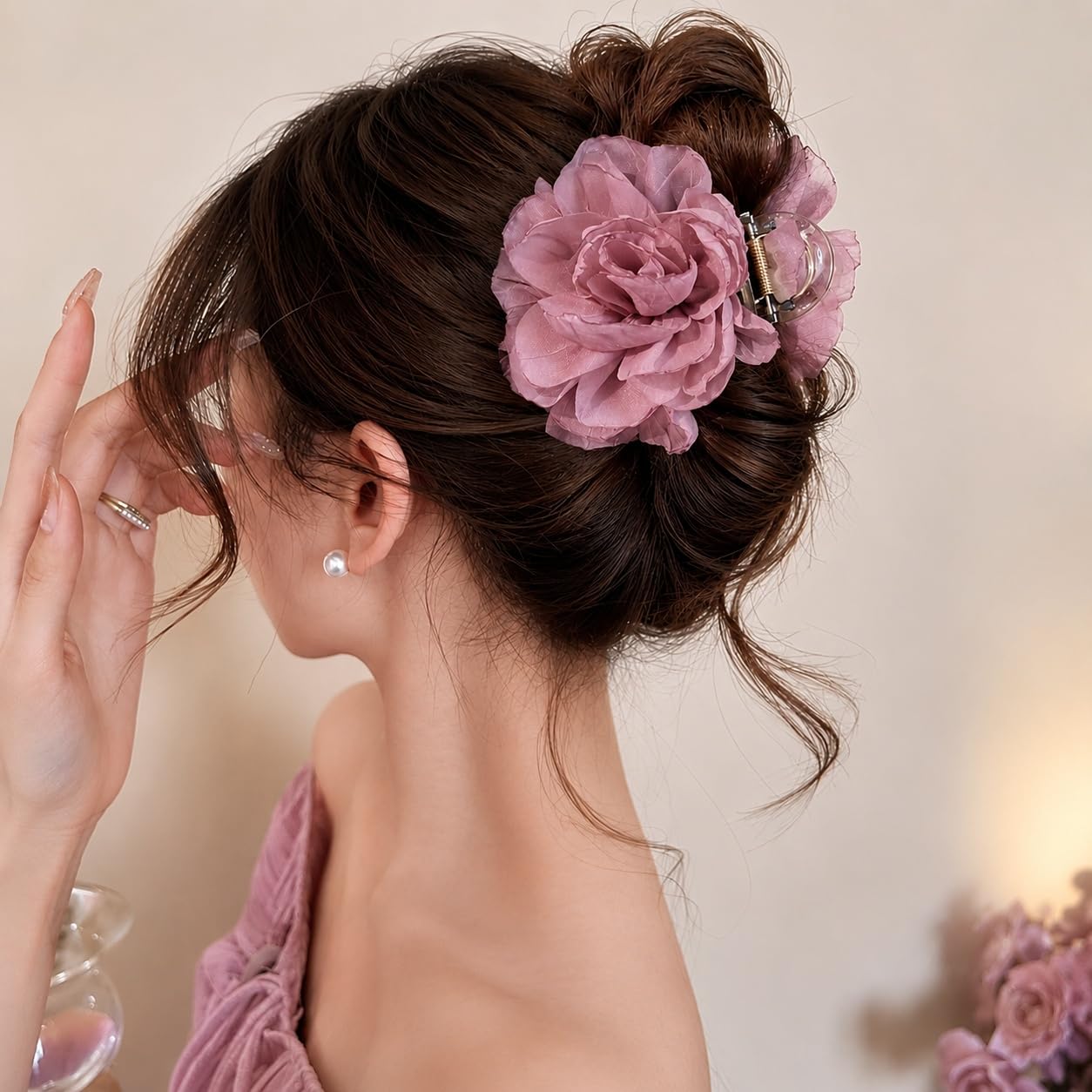 S.A.V.I Floral Claw Clip for Women 8 cm Dusky Rose Hair Clip | Strong Hold, Lightweight, Half & Full Updos, Comfortable Wear, For Girls & Parties